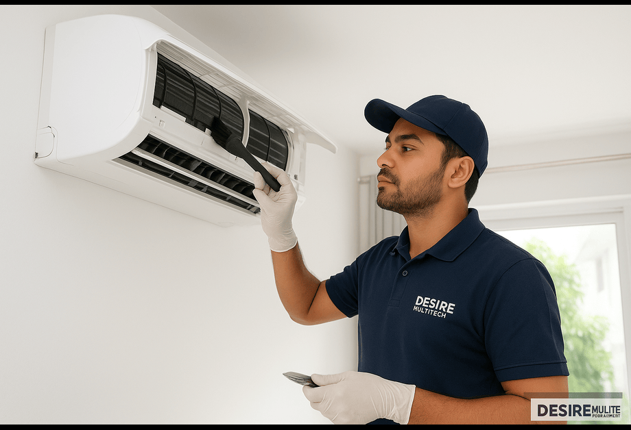 Professional AC technician servicing a Split AC indoor unit in a modern Kolkata home, wearing a t-shirt with the company name “Desire Multitech Solutions,” cleaning filters and checking the system.